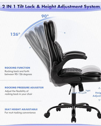 COLAMY Home Office Chair 275LBS Executive Leather OfficeChair with Padded Flip-up Arms, Adjustable Height and Tilt Lock, Tufted Black - LeafyLoom