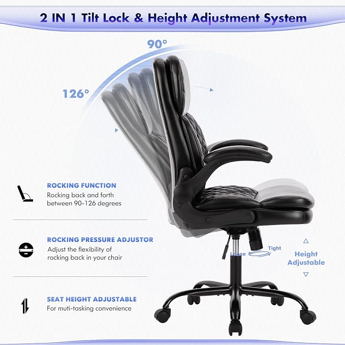 COLAMY Home Office Chair 275LBS Executive Leather OfficeChair with Padded Flip-up Arms, Adjustable Height and Tilt Lock, Tufted Black - LeafyLoom