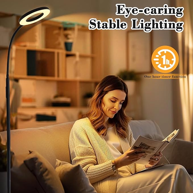 LED Floor Lamp, 12W/1000LM Reading Light, 3 Color Temperatures Bright Modern Tall Lamp, Adjustable Gooseneck Standing Lamp with Remote & Touch Control for Living Room, Bedroom, Office - LeafyLoom
