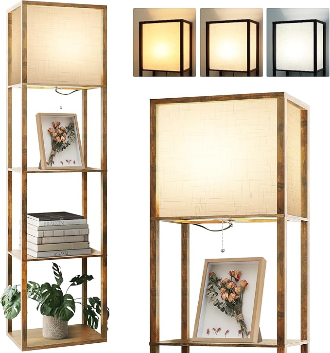 Floor Lamp with Shelves Plus, 4-Tier Modern 2700 4000K 5000K Brown Shelf Floor Lamp, Display Lamp for Living Room Bedroom Office 15W LED Bulb. - LeafyLoom