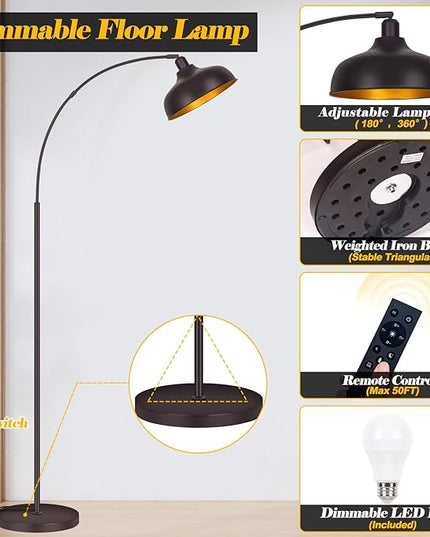 Arc Floor Lamps Bronze, Standing Lamps for Living Room with Remote Control, Foot Switch, Metal Shade, Arched Floor Lamp with Stepless Dimmable LED Bulb, Brown Floor Reading Tall Lamp for Bedroom - LeafyLoom