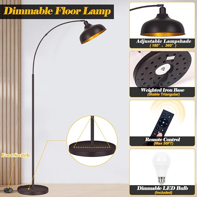 Arc Floor Lamps Bronze, Standing Lamps for Living Room with Remote Control, Foot Switch, Metal Shade, Arched Floor Lamp with Stepless Dimmable LED Bulb, Brown Floor Reading Tall Lamp for Bedroom - LeafyLoom