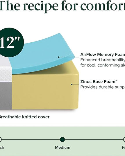 ZINUS 12 Inch Green Tea Essential Memory Foam Mattress [New Version], Queen, Fiberglass Free, Medium Feel, Breathable Airflow Memory Foam, Certified Safe Foams & Fabric, Mattress in A Box - LeafyLoom