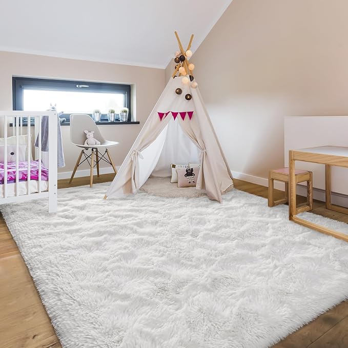 5x8 Large Area Rugs for Living Room, Super Soft Fluffy Modern Bedroom Rug, Cream White Indoor Shag Fuzzy Carpets for Girls Kids Nursery Room Home Decor - LeafyLoom