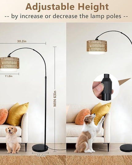 Arc Floor Lamp with Remote, Modern LED Floor Lamp with Dimmable Bulb, Boho Farmhouse Standing lamp with Fabric & Rattan Lampshades, Height Adjustable Black Tall Lamp for Living Room Bedroom - LeafyLoom