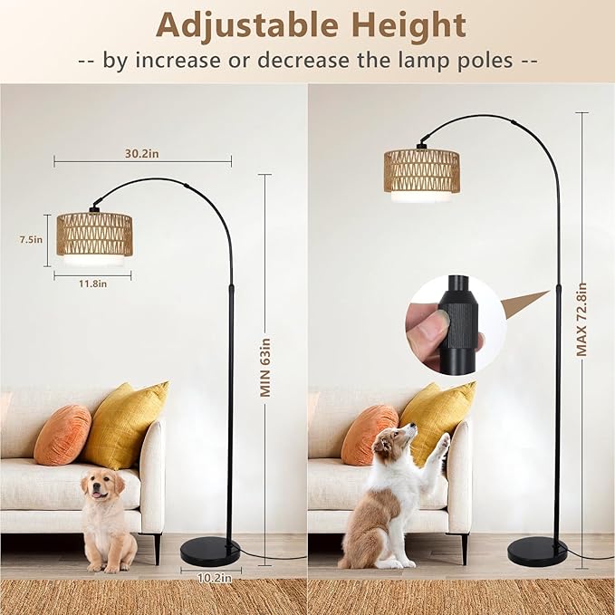 Arc Floor Lamp with Remote, Modern LED Floor Lamp with Dimmable Bulb, Boho Farmhouse Standing lamp with Fabric & Rattan Lampshades, Height Adjustable Black Tall Lamp for Living Room Bedroom - LeafyLoom