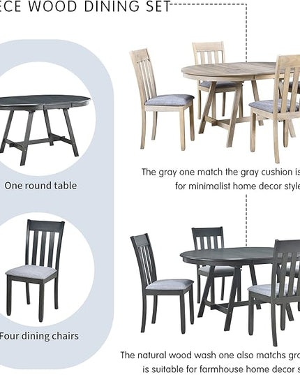 NicBex Small Dining Table Set for 4 Kitchen Table and Chairs 5-Piece Wood Dining Table Set Round Extendable Dining Table with 4 Dining Chairs for Dining Room, Gray - LeafyLoom