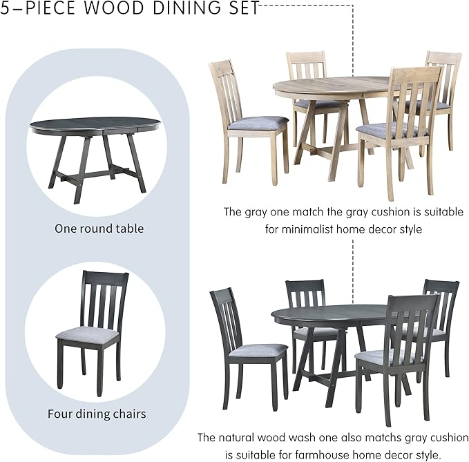NicBex Small Dining Table Set for 4 Kitchen Table and Chairs 5-Piece Wood Dining Table Set Round Extendable Dining Table with 4 Dining Chairs for Dining Room, Gray - LeafyLoom