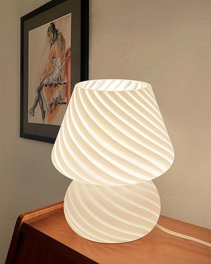 Mushroom Lamps Set of 2 - Small Bedside Table Lamp with Striped Glass, Nightstand Lamp for Bedroom, Living Room, Bulb Included(White) - LeafyLoom