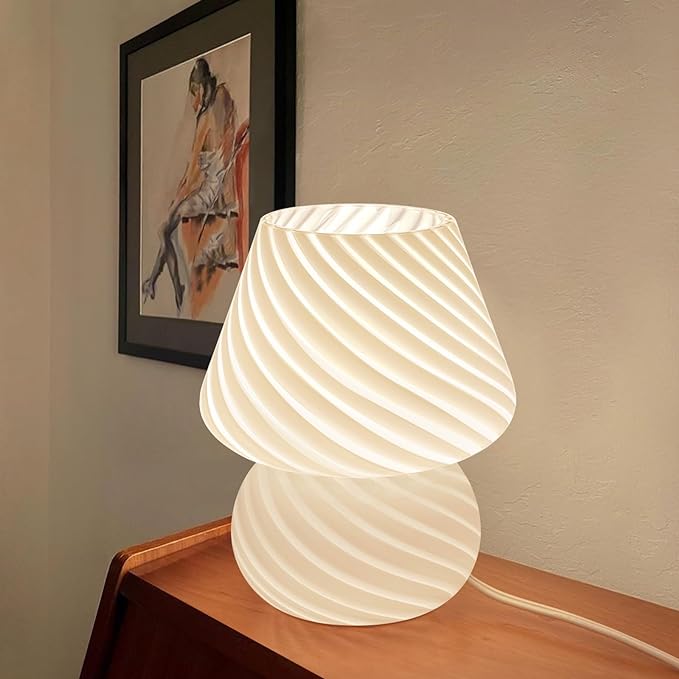 Mushroom Lamps Set of 2 - Small Bedside Table Lamp with Striped Glass, Nightstand Lamp for Bedroom, Living Room, Bulb Included(White) - LeafyLoom
