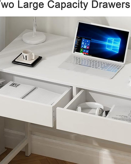 Treocho Computer Desk with USB Charging Ports and Power Outlets, Modern Simple 40 inch White Desk with 2 Drawers, Vanity Desk, Makeup Table for Home Office, Bedroom - LeafyLoom