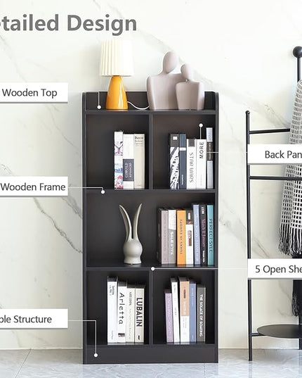 Book Shelf with Back Panel Stability 5 Cube Bookcase Multifunctional Cube Storage Organizer Shelf for Bedroom Living Room Office Closet School in Black with 23.62''W - LeafyLoom