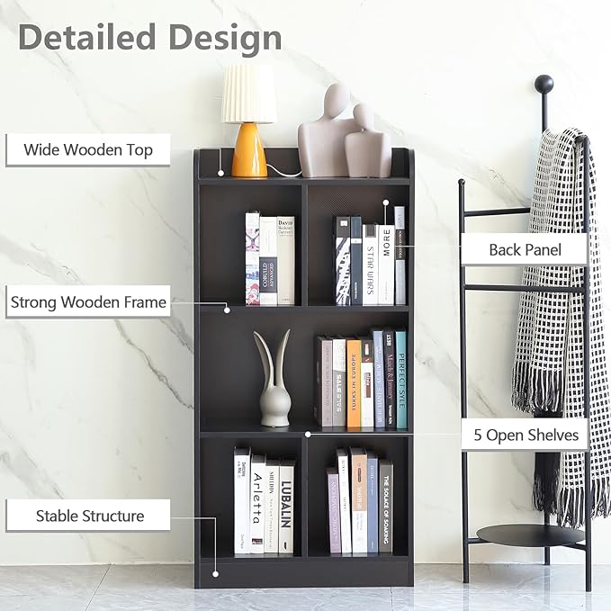 Book Shelf with Back Panel Stability 5 Cube Bookcase Multifunctional Cube Storage Organizer Shelf for Bedroom Living Room Office Closet School in Black with 23.62''W - LeafyLoom