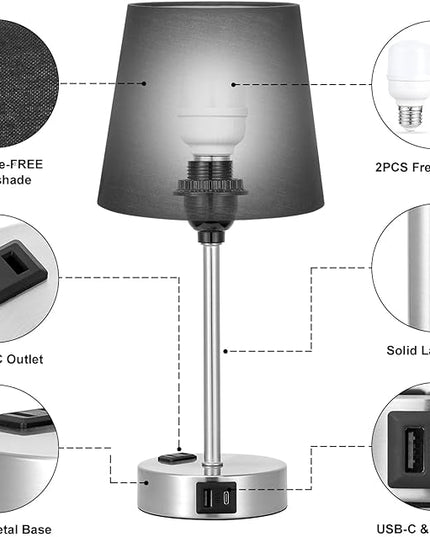 Table Lamps for Bedrooms Set of 2 Bedside - Nightstand Bedroom Lamp with USB C Port and AC Outlet Charging, Dimmable Touch Small End Side Lamp, Black Night Stand Light for Kid/Guest Room/Living Room - LeafyLoom