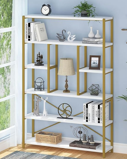 LVB Gold Book Shelf Organizer, Large Tall 6 Tier Bookshelves Storage, Big Modern Metal Wooden 6 Shelf Bookcase, Farmhouse Open Display Vertical Bookshelf for Bedroom Living Room Office, White and Gold - LeafyLoom