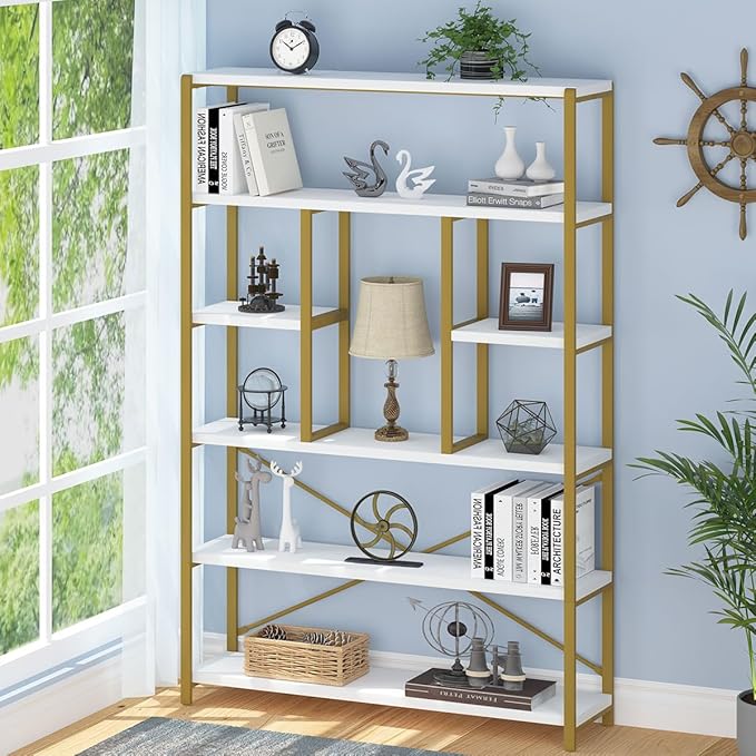 LVB Gold Book Shelf Organizer, Large Tall 6 Tier Bookshelves Storage, Big Modern Metal Wooden 6 Shelf Bookcase, Farmhouse Open Display Vertical Bookshelf for Bedroom Living Room Office, White and Gold - LeafyLoom