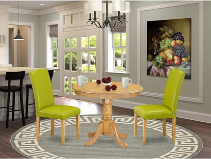 East West Furniture Antique 3 Piece Modern Dining Set Contains a Round Kitchen Table with Pedestal and 2 Autumn Green Faux Leather Upholstered Chairs, 36x36 Inch, ANEN3-OAK-51 - LeafyLoom