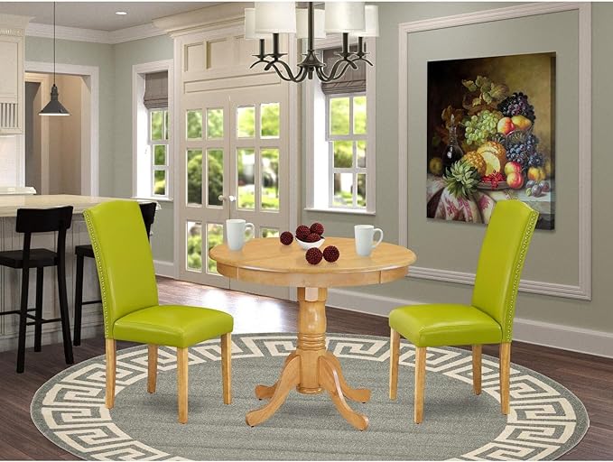 East West Furniture Antique 3 Piece Modern Dining Set Contains a Round Kitchen Table with Pedestal and 2 Autumn Green Faux Leather Upholstered Chairs, 36x36 Inch, ANEN3-OAK-51 - LeafyLoom