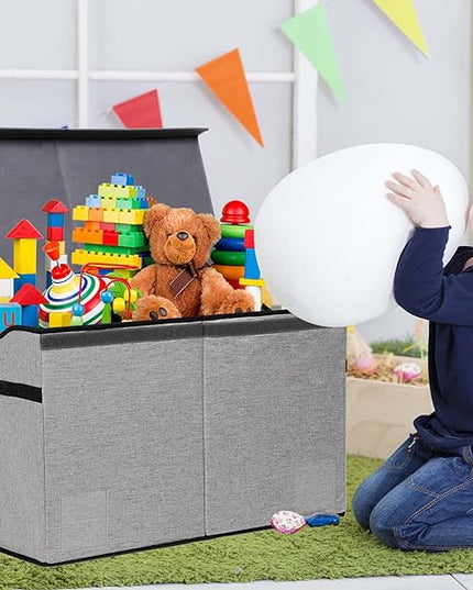 Toy Box Chest, Collapsible Sturdy Storage Bins with Lids, Extra Large Kids Toy Storage Organizer Boxes Bins Baskets for Kids, Boys, Girls, Nursery Room, Playroom, Closet (Fine Linen Gray) - LeafyLoom