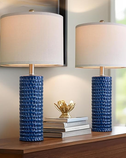 PORTRES 24.75" Modern Accent Ceramic Table Lamp Set of 2 for Bedroom Desk Decor Bedside Lamps for Living Room Study Room Office Dorm Farmhouse Nightstand Lamp End Table Lamps (Blue) - LeafyLoom