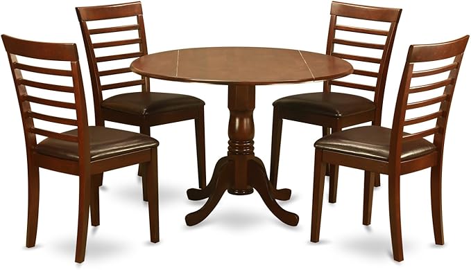 East West Furniture DLML5-MAH-LC 5 Piece Modern Set Includes a Round Wooden Table with Dropleaf and 4 Faux Leather Upholstered Dining Chairs, 42x42 Inch - LeafyLoom