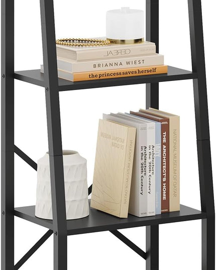 Hoctieon Ladder Shelf Bookcase, 4-Tier Ladder Bookshelf, Tall Bookshelf with Metal Frame, Industrial Bookshelf Ladder, for Living Room, Kitchen, Home Office, Bedroom, Simple Assembly, Black - LeafyLoom