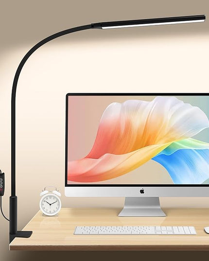 Desk Lamp with Clamp, Stepless Dimming Desk Lamps for Home Office Adjustable Desk Lamp Eye Caring Desk Light Office Lamp with USB Adapter for Working Drawing Sewing (Black) - LeafyLoom