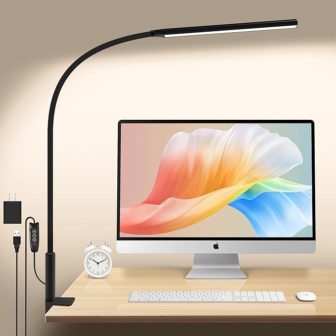 Desk Lamp with Clamp, Stepless Dimming Desk Lamps for Home Office Adjustable Desk Lamp Eye Caring Desk Light Office Lamp with USB Adapter for Working Drawing Sewing (Black) - LeafyLoom