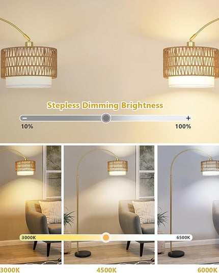 Arc Floor Lamp for bedroom with Rattan & Linen Shades, Gold Floor Lamp with Remote & Dimming Bulb, Rustic Standing Lamp with 3 Color Temperatures, Adjustable Height Farmhouse Tall Lamp for Living Room - LeafyLoom