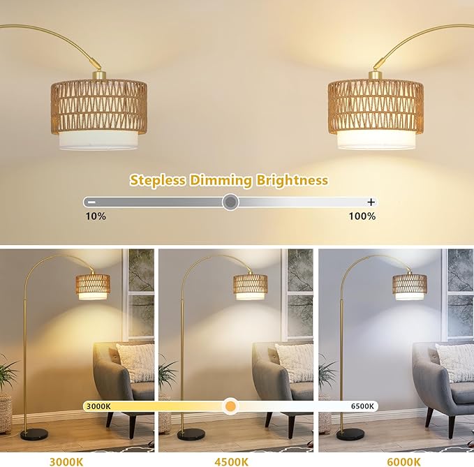 Arc Floor Lamp for bedroom with Rattan & Linen Shades, Gold Floor Lamp with Remote & Dimming Bulb, Rustic Standing Lamp with 3 Color Temperatures, Adjustable Height Farmhouse Tall Lamp for Living Room - LeafyLoom