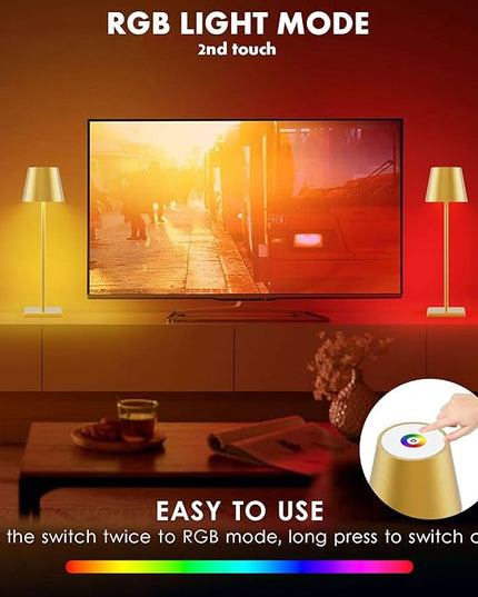 2-Pack LED Cordless Table Lamp with RGB & Stepless Dimming, 3W 5500mAh Rechargeable Table Lamps Battery Operated Table Light Stepless Dimmable Portable Table Lamp for Table/Bedroom/Outdoor (Gold) - LeafyLoom