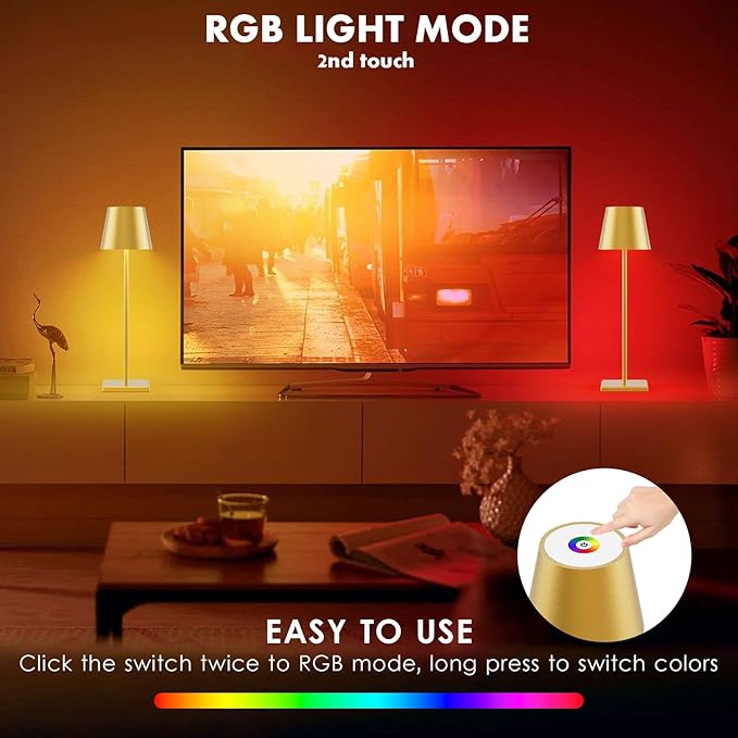 2-Pack LED Cordless Table Lamp with RGB & Stepless Dimming, 3W 5500mAh Rechargeable Table Lamps Battery Operated Table Light Stepless Dimmable Portable Table Lamp for Table/Bedroom/Outdoor (Gold) - LeafyLoom
