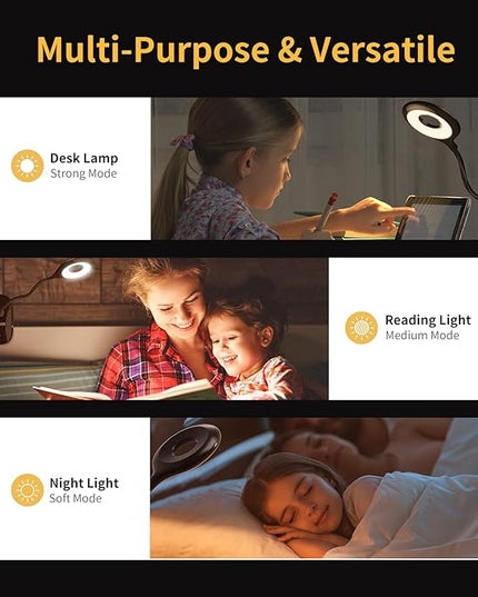 Clip on Light for Bed & Desk, Reading in Bed, Dorm, Battery Operated Rechargeable Clamp Lamp for Headboard, Eye-Caring LED Light with 3 Brightness Modes & Flexible Gooseneck (Black) - LeafyLoom