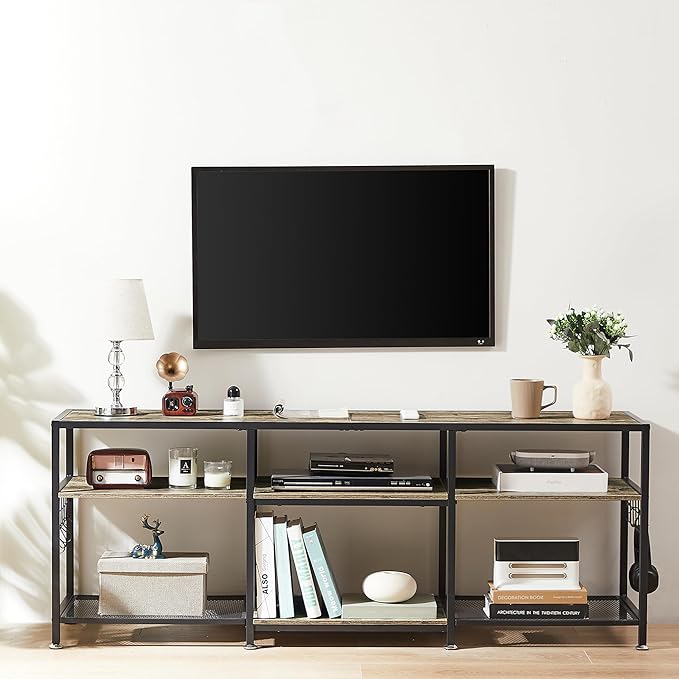 VECELO 63" TV Stand for 60/65/70 Inch Television, Entertainment Center with Storage Shelves & Hooks, 3-Tier Modern Wooden Console Table for Living, Bedroom and Gaming Room, 63 Inch, Oak Grey - LeafyLoom