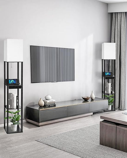 Floor Lamp with Shelves, RUNTOP LED Shelf Floor Lamp with Wireless Charger & 2 Charging USB Ports & Drawer, AC Outlet, 3 Color Temperature Tall Standing Lamp with Bulb for Living Room, Bedroom, Office - LeafyLoom