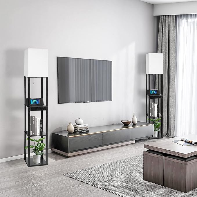 Floor Lamp with Shelves, RUNTOP LED Shelf Floor Lamp with Wireless Charger & 2 Charging USB Ports & Drawer, AC Outlet, 3 Color Temperature Tall Standing Lamp with Bulb for Living Room, Bedroom, Office - LeafyLoom