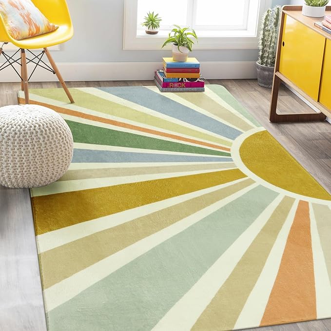 Kids Rugs for Playroom 5'x7' Rug, Boho Washable Area Rug for Kids Room, Rainbow Kids Nursery Rug Non-Slip Sunshine Carpet Soft Colorful Rug for Classroom Office Dining Room - LeafyLoom