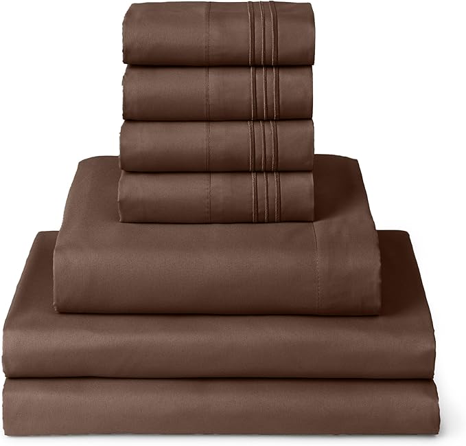 Mellanni Split King Sheets Set - 7 PC Iconic Collection Bedding Sheets & Pillowcases - Ultra Soft, Cooling Bed Sheets - Deep Pocket up to 16 inch - 7 PC (Split King, Brown w/Extra Pillow Cases) - LeafyLoom
