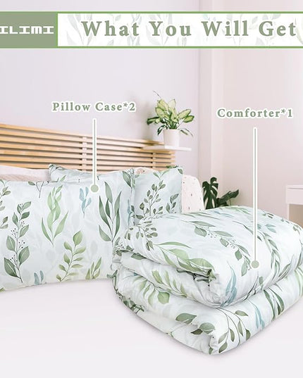 DILIMI Queen Comforter set, 3 Pieces Queen Size Comforter Sets, Reversible Green Comforter Queen, Ultra Soft and Fluffy Bedding Comforter Sets with Comforter, 2 Pillowcase - LeafyLoom