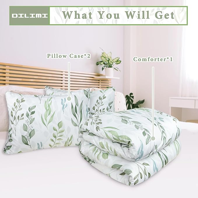 DILIMI Queen Comforter set, 3 Pieces Queen Size Comforter Sets, Reversible Green Comforter Queen, Ultra Soft and Fluffy Bedding Comforter Sets with Comforter, 2 Pillowcase - LeafyLoom