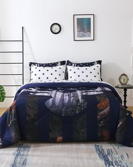 Camo Deer Comforter Set Twin Size 7 Piece Bed in A Bag Camouflage American Flag Bedding Set for Boys Kids Teens Men Super Soft All Season - LeafyLoom