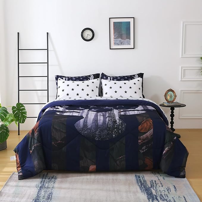 Camo Deer Comforter Set Twin Size 7 Piece Bed in A Bag Camouflage American Flag Bedding Set for Boys Kids Teens Men Super Soft All Season - LeafyLoom