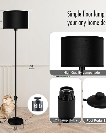 Black Floor Lamps for Living Room Bedroom, Bright Modern Standing Lamp with 3 Color Temperatures(9W Bulb), Black Lamp Shade, 59" Tall, Footswitch, Simple Reading Floor Lamps Corner Lamp for Office/Den - LeafyLoom