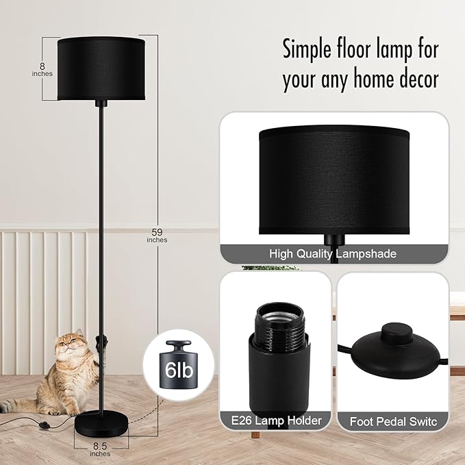 Black Floor Lamps for Living Room Bedroom, Bright Modern Standing Lamp with 3 Color Temperatures(9W Bulb), Black Lamp Shade, 59" Tall, Footswitch, Simple Reading Floor Lamps Corner Lamp for Office/Den - LeafyLoom
