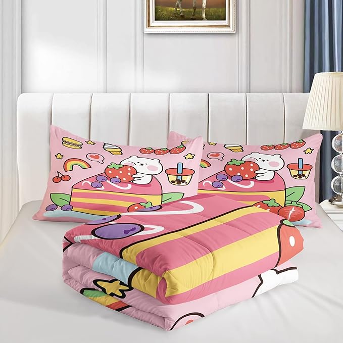 Kawaii Bear Comforter Twin,Pink Bear Comforter Set for Kids Teens Girls,3Pcs Bedding Set Printed Comforter with 2 Pillowcases,Down Alternative,Soft and Lightweight，Twin Size - LeafyLoom