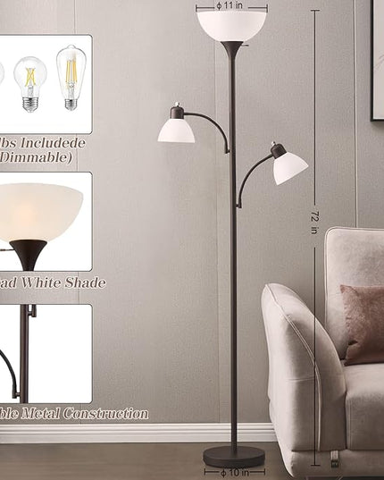 Luvkczc Torchiere Floor Lamps for Living Room with 2 Reading Lamps, Modern Tall Standing Lamps, Industrial Bright Floor Lamp for Bedroom, Office, Dresser, 3 LED Bulbs Included - LeafyLoom