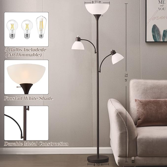Luvkczc Torchiere Floor Lamps for Living Room with 2 Reading Lamps, Modern Tall Standing Lamps, Industrial Bright Floor Lamp for Bedroom, Office, Dresser, 3 LED Bulbs Included - LeafyLoom
