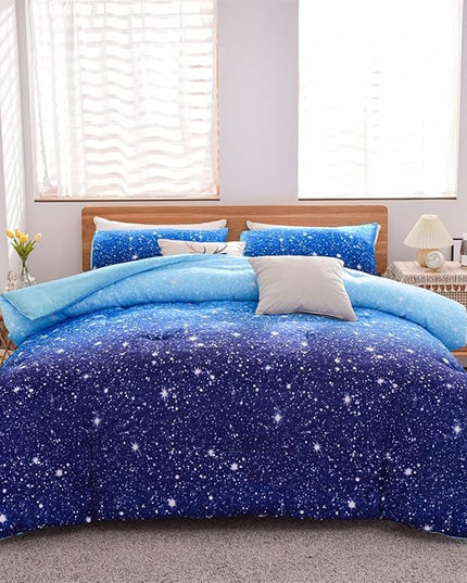 Holawakaka Kids Space Star Galaxy Bedding Comforter Set Twin/Twin XL Size Boys Girls Blue Indigo Ombre Print Gradient Glitter Stars Bed Sets (Blue, Twin) - LeafyLoom