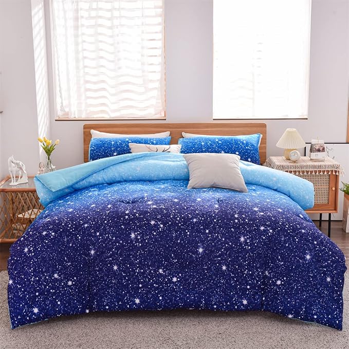 Holawakaka Kids Space Star Galaxy Bedding Comforter Set Twin/Twin XL Size Boys Girls Blue Indigo Ombre Print Gradient Glitter Stars Bed Sets (Blue, Twin) - LeafyLoom