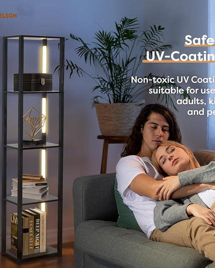 LED Floor Lamp with Shelves, Standing Lamp with Remote for Bedroom and Living Room, Corner Display Floor Lamps with Shelves, Modern Dimmable Floor Lamp with 5-Tier Open Shelve-Black - LeafyLoom